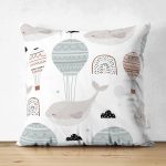 - Печать - Realhomes Çift Taraflı Balina Ve Balon Motifli Dijital Baskılı Özel Tasarım Modern Süet Yastık Kırlent Kılıfı Realhomes