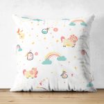 Çift Taraflı Gökkuşağı Ve Tek Boynuzlu At Temalı Dijital Baskılı Özel Tasarım Modern Süet Yastık Kırlent Kılıfı Realhomes