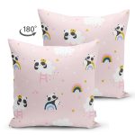 - cloudlest - Realhomes Çift Taraflı Pembe Zeminde Panda Temalı Dijital Baskılı Özel Tasarım Modern Süet Yastık Kırlent Kılıfı Realhomes