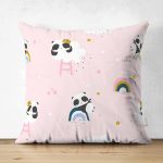 - cloudlest - Realhomes Çift Taraflı Pembe Zeminde Panda Temalı Dijital Baskılı Özel Tasarım Modern Süet Yastık Kırlent Kılıfı Realhomes