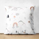 - Print - Realhomes Çift Taraflı Beyaz Zeminde Orman Desenli Dijital Baskılı Özel Tasarım Modern Süet Yastık Kırlent Kılıfı Realhomes