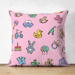 - Print - Realhomes Çift Taraflı Pembe Zeminde Bebek Odası Temalı Dijital Baskılı Özel Tasarım Modern Süet Yastık Kırlent Kılıfı Realhomes