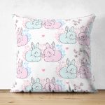Çift Taraflı Sevimli Pembe Mavi Tavşan Desenli Dijital Baskılı Özel Tasarım Modern Süet Yastık Kırlent Kılıfı Realhomes