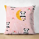 - Mobile - Realhomes Çift Taraflı Pembe Zeminde Sevimli Panda Desenli Dijital Baskılı Özel Tasarım Modern Süet Yastık Kırlent Kılıfı Realhomes