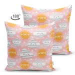 - Print - Realhomes Çift Taraflı Pembe Zeminde Güneş Ve Bulut Motifli Dijital Baskılı Özel Tasarım Modern Süet Yastık Kırlent Kılıfı Realhomes