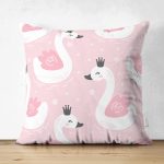 - Swan with crown seamless pattern background - Realhomes Çift Taraflı Pembe Zeminde Kuğu Motifli Dijital Baskılı Özel Tasarım Modern Süet Yastık Kırlent Kılıfı Realhomes