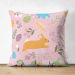 - Cute easter seamless pattern with flat handdrawn rabbits, colorful eggs, flowers and leafs. Spring mood. Easter bunny. Great for fabric, textile, wrapping paper, scrapbooking. Vector Illustration - Realhomes Çift Taraflı Sevimli Rengarenk Tavşanlar Desenli Dijital Baskılı Özel Tasarım Modern Süet Yastık Kırlent Kılıfı Realhomes