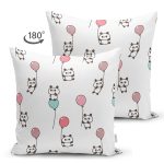 - panda09 - Realhomes Çift Taraflı Uçan Balonlu Panda Desenli Dijital Baskılı Özel Tasarım Modern Süet Yastık Kırlent Kılıfı Realhomes