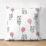 - panda09 - Realhomes Çift Taraflı Uçan Balonlu Panda Desenli Dijital Baskılı Özel Tasarım Modern Süet Yastık Kırlent Kılıfı Realhomes