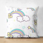 Çift Taraflı Gökkuşağı Ve Unicorn Desenli Dijital Baskılı Özel Tasarım Modern Süet Yastık Kırlent Kılıfı Realhomes