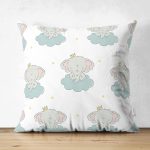 - Suet-K1276-Gorsel - Realhomes Çift Taraflı Bulut Üzerinde Fil Tasarımlı Dijital Baskılı Özel Tasarım Modern Süet Yastık Kırlent Kılıfı Realhomes