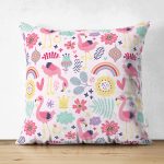 Çift Taraflı Pembe Pelikan Ve Çiçek Desenli Dijital Baskılı Özel Tasarım Modern Süet Yastık Kırlent Kılıfı Realhomes