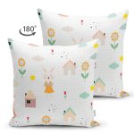 Çift Taraflı Kareli Zeminde Sevimli Tavşan Motifli Dijital Baskılı Özel Tasarım Modern Süet Yastık Kırlent Kılıfı Realhomes