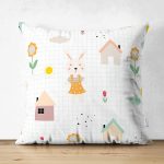 Çift Taraflı Kareli Zeminde Sevimli Tavşan Motifli Dijital Baskılı Özel Tasarım Modern Süet Yastık Kırlent Kılıfı Realhomes