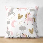 Çift Taraflı Sevimli Unicorn Temalı Dijital Baskılı Özel Tasarım Modern Süet Yastık Kırlent Kılıfı Realhomes