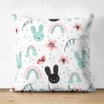 - Print - Realhomes Çift Taraflı Uyku Odası Temalı Tavşan Desenli Dijital Baskılı Özel Tasarım Modern Süet Yastık Kırlent Kılıfı Realhomes