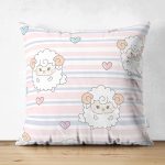 - Print - Realhomes Çift Taraflı Çizgili Zemin Sevimli Koç Desenli Dijital Baskılı Özel Tasarım Modern Süet Yastık Kırlent Kılıfı Realhomes