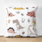 - dino - Realhomes Çift Taraflı Dinozor Desenli Dijital Baskılı Özel Tasarım Modern Süet Yastık Kırlent Kılıfı Realhomes