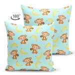 - Seamless pattern with monkey and yellow banana - Realhomes Çift Taraflı Mavi Zeminde Maymun Ve Muz Motifli Dijital Baskılı Özel Tasarım Modern Süet Yastık Kırlent Kılıfı Realhomes