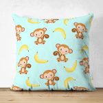 - Seamless pattern with monkey and yellow banana - Realhomes Çift Taraflı Mavi Zeminde Maymun Ve Muz Motifli Dijital Baskılı Özel Tasarım Modern Süet Yastık Kırlent Kılıfı Realhomes