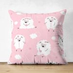 Çift Taraflı Pembe Zeminde Koyun Motifli Dijital Baskılı Özel Tasarım Modern Süet Yastık Kırlent Kılıfı Realhomes
