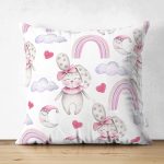 Çift Taraflı Sevimli Tavşan Ve Gökkuşağı Temalı Dijital Baskılı Özel Tasarım Modern Süet Yastık Kırlent Kılıfı Realhomes