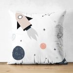 - Mobile - Realhomes Çift Taraflı Gezegen Roket Ve Uzay Temalı Dijital Baskılı Özel Tasarım Modern Süet Yastık Kırlent Kılıfı Realhomes