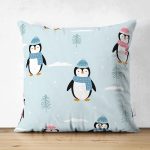 - Mobile - Realhomes Çift Taraflı Atkılı Penguen Desenli Dijital Baskılı Özel Tasarım Modern Süet Yastık Kırlent Kılıfı Realhomes