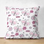 - Print - Realhomes Çift Taraflı Pembe Kelebek Motifli Dijital Baskılı Özel Tasarım Modern Süet Yastık Kırlent Kılıfı Realhomes