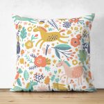 - Suet-K1341-Gorsel - Realhomes Çift Taraflı Rengarenk Orman Hayvanları Desenli Dijital Baskılı Özel Tasarım Modern Süet Yastık Kırlent Kılıfı Realhomes