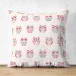 - Suet-K1348-Gorsel - Realhomes Çift Taraflı Sevimli Pembe Baykuşlar Temalı Dijital Baskılı Özel Tasarım Modern Süet Yastık Kırlent Kılıfı Realhomes