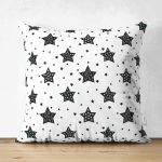 - Suet-K1353-Gorsel - Realhomes Çift Taraflı Beyaz Zemin Siyah Yıldız Motifli Dijital Baskılı Özel Tasarım Modern Süet Yastık Kırlent Kılıfı Realhomes