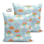 Çift Taraflı Mavi Zeminde Gökkuşağı Ve Bulut Desenli Dijital Baskılı Özel Tasarım Modern Süet Yastık Kırlent Kılıfı Realhomes