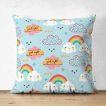 Çift Taraflı Mavi Zeminde Gökkuşağı Ve Bulut Desenli Dijital Baskılı Özel Tasarım Modern Süet Yastık Kırlent Kılıfı Realhomes