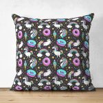 Çift Taraflı Unicorn Ve Donut Desenli Dijital Baskılı Özel Tasarım Modern Süet Yastık Kırlent Kılıfı Realhomes