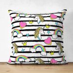 - Print - Realhomes Çift Taraflı Gökkuşağı Ve Unicorn Temalı Dijital Baskılı Özel Tasarım Modern Süet Yastık Kırlent Kılıfı Realhomes
