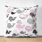 - Suet-K1386-Gorsel - Realhomes Çift Taraflı Çocuk Odası Pembe Balina Temalı Dijital Baskılı Özel Tasarım Modern Süet Yastık Kırlent Kılıfı Realhomes