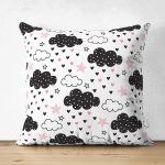 - Print - Realhomes Çift Taraflı Pembe Yıldız Ve Bulut Desenli Dijital Baskılı Özel Tasarım Modern Süet Yastık Kırlent Kılıfı Realhomes