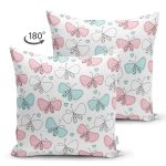 - Print - Realhomes Çift Taraflı Pembe Mavi Kelebek Desenli Dijital Baskılı Özel Tasarım Modern Süet Yastık Kırlent Kılıfı Realhomes