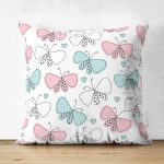 - Print - Realhomes Çift Taraflı Pembe Mavi Kelebek Desenli Dijital Baskılı Özel Tasarım Modern Süet Yastık Kırlent Kılıfı Realhomes