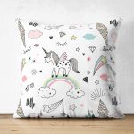 Çift Taraflı Gökkuşağı Bulut Ve Unicorn Desenli Dijital Baskılı Özel Tasarım Modern Süet Yastık Kırlent Kılıfı Realhomes