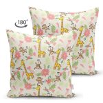 Çift Taraflı Orman Temalı Maymun Ve Zürafa Desenli Dijital Baskılı Özel Tasarım Modern Süet Yastık Kırlent Kılıfı Realhomes