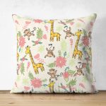 Çift Taraflı Orman Temalı Maymun Ve Zürafa Desenli Dijital Baskılı Özel Tasarım Modern Süet Yastık Kırlent Kılıfı Realhomes