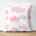 Çift Taraflı Pembe Bulut Ve Unicorn Motifli Dijital Baskılı Özel Tasarım Modern Süet Yastık Kırlent Kılıfı Realhomes