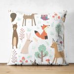 - Печать - Realhomes Çift Taraflı Sevimli Orman Hayvanları Desenli Dijital Baskılı Özel Tasarım Modern Süet Yastık Kırlent Kılıfı Realhomes