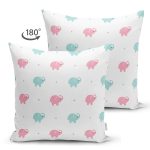 - Print - Realhomes Çift Taraflı Pembe Mavi Fil Motifli Dijital Baskılı Özel Tasarım Modern Süet Yastık Kırlent Kılıfı Realhomes