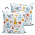 - Cartoon sea animals pattern - Realhomes Çift Taraflı Deniz Canlıları Motifli Dijital Baskılı Özel Tasarım Modern Süet Yastık Kırlent Kılıfı Realhomes