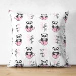 Çift Taraflı Pembe Bardak İçinde Panda Motifli Dijital Baskılı Özel Tasarım Modern Süet Yastık Kırlent Kılıfı Realhomes