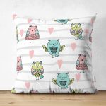 Çift Taraflı Kalp Ve Baykuş Desenli Dijital Baskılı Özel Tasarım Modern Süet Yastık Kırlent Kılıfı Realhomes