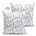 - Simple minimal vector pattern with lightouses and helm in blue, - Realhomes Çift Taraflı Deniz Feneri Temalı Dijital Baskılı Özel Tasarım Modern Süet Yastık Kırlent Kılıfı Realhomes